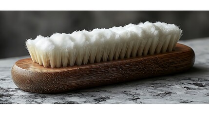 Close-up of a wooden brush with soft bristles and cotton on a textured stone surface