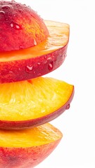 Juicy Peach Slices Stacked with Juice Droplets in Artistic Pattern on Isolated White Background