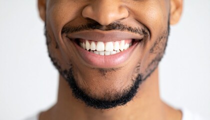 Fototapeta premium Close up of man smiles with beautiful white teeth without show whole face.