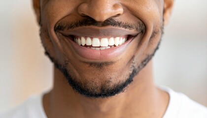 Fototapeta premium Close up of man smiles with beautiful white teeth without show whole face.