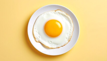 Sunnysideup egg on white plate against yellow background with food photography.