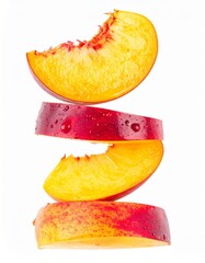 Juicy Peach Slices Stacked with Juice Droplets in Artistic Pattern on Isolated White Background
