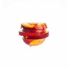 Juicy Peach Slices Stacked with Juice Droplets in Artistic Pattern on Isolated White Background
