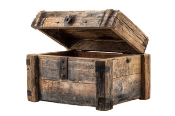 Open rustic wooden chest with hinged lid on black background, cut out