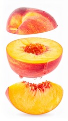 Juicy Peach Slices Stacked with Juice Droplets in Artistic Pattern on Isolated White Background