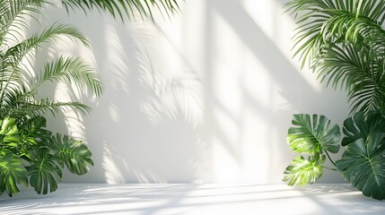 Obraz premium Tropical plants cast shadows on a light background.