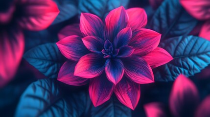 Neon-glowing fantasy flower in vibrant pink and blue