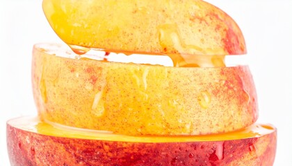 Juicy Peach Slices Stacked with Juice Droplets in Artistic Pattern on Isolated White Background