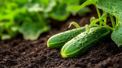 Obraz premium Fresh cucumbers growing in rich soil.