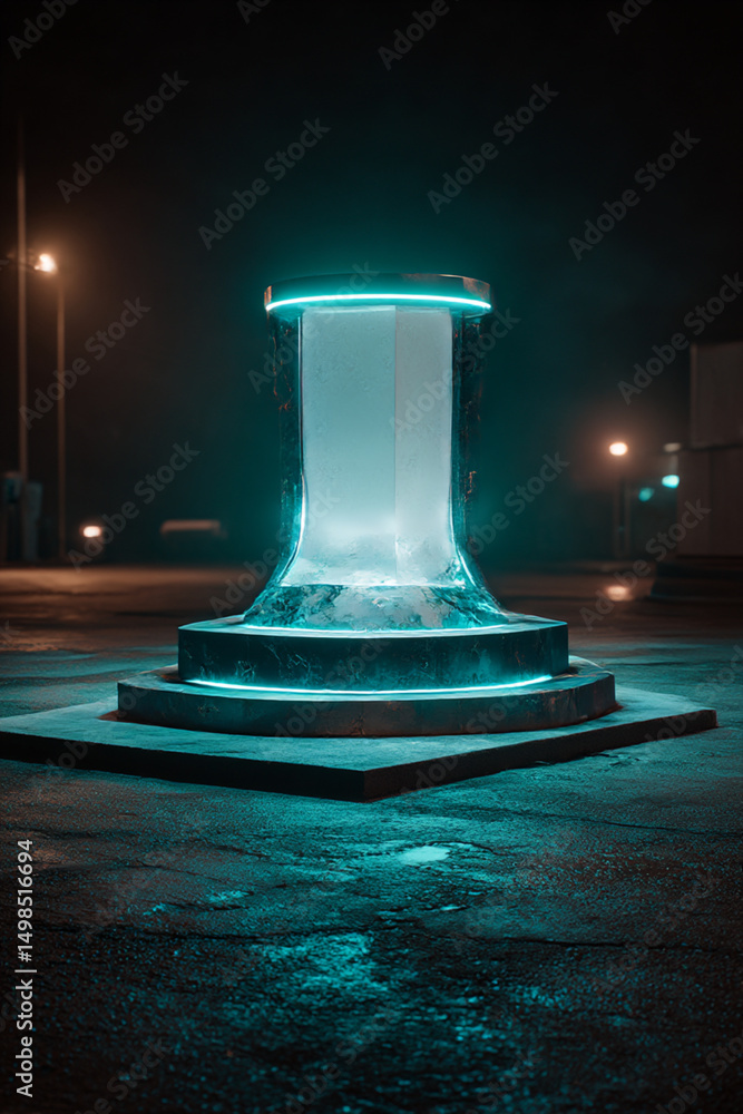 Poster a glowing cylindrical structure on a platform at night with street lights in the background scene vi