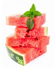 Juicy Watermelon Slices Stacked with Water Droplets and Mint on Isolated White Background