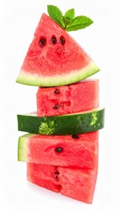 Juicy Watermelon Slices Stacked with Water Droplets and Mint on Isolated White Background