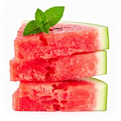 Juicy Watermelon Slices Stacked with Water Droplets and Mint on Isolated White Background