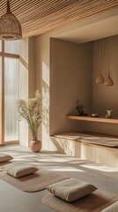 Asian minimalist cafe with tea ceremony decor and natural tones