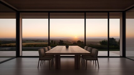 Luxurious sunset dining in a modern glass pavilion with a panoramic view.