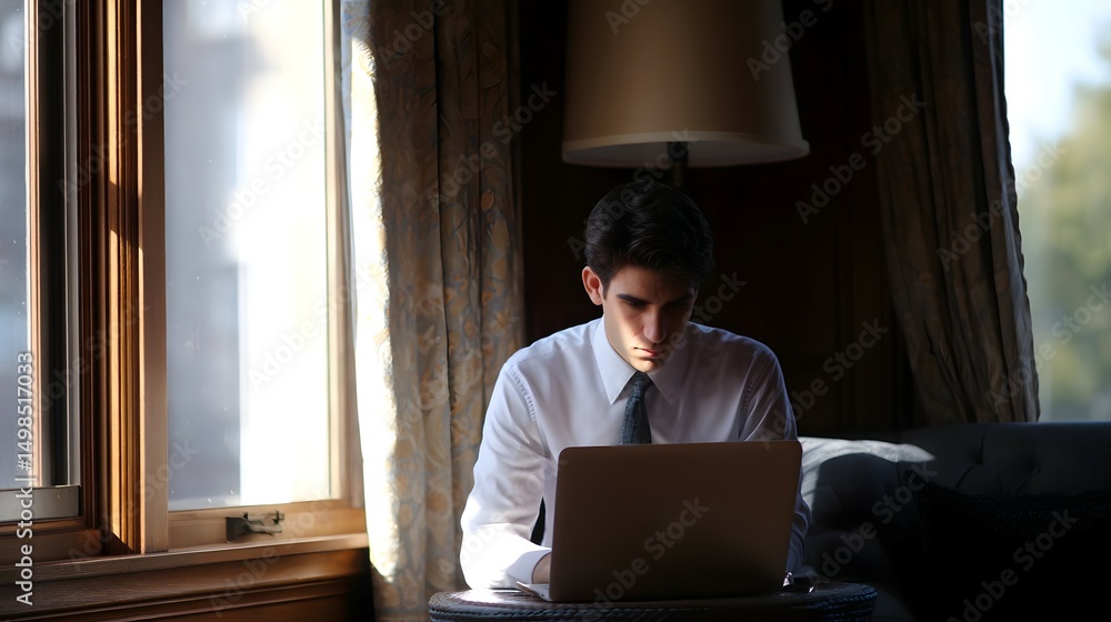 Poster a professional person working intently on a laptop computer seated near a large window in an office 