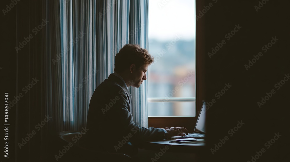 Poster professional working on a laptop computer near a window in an office or workspace setting