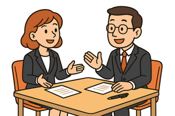 Businessman and businesswoman discussing contract terms, negotiating a deal at office desk, transparent background