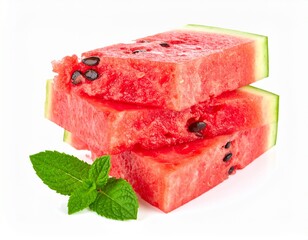 Juicy Watermelon Slices Stacked with Water Droplets and Mint on Isolated White Background