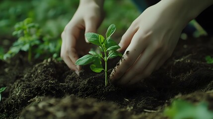 Fototapeta premium Hands carefully planting a young seedling in the soil.