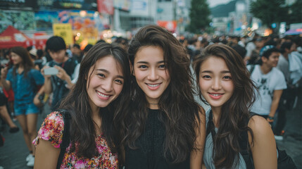 Three beautiful Korean women with strikingly similar features smile brightly against a modern city backdrop. Radiant aesthetic reflects beauty standards, plastic surgery culture, and urban lifestyle.