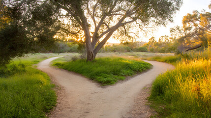 Fototapeta premium A forked path in nature, symbolizing life's choices and possibilities