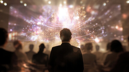 A man in a suit gazing at a vibrant light display during a conference in a large auditorium