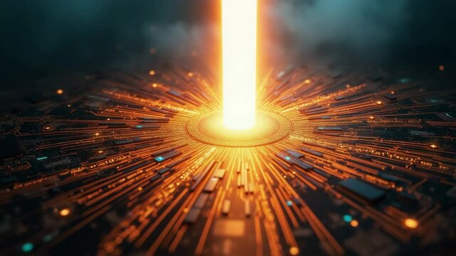 Computer circuitry with glowing energy beam in futuristic style  