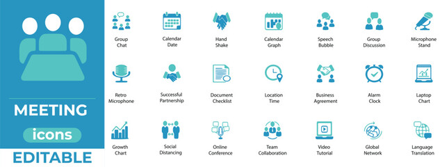 Clean meeting icons for business, remote work, teams, and planning