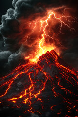 Erupting volcano with lava flow and lightning striking amidst dark stormy clouds