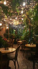 Obraz premium Enchanted night garden cafe with fairy lights and ivy