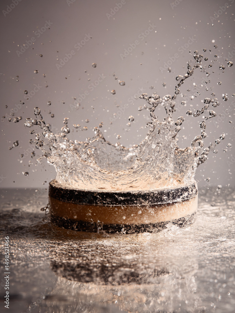 Poster water splash over round container with black and tan stripes on reflective surface in studio setting