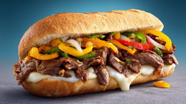 Delicious steak and cheese sandwich with fresh vegetables on a crusty baguette served on dark background