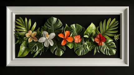 Framed floral arrangement of tropical flowers and leaves on a dark background.
