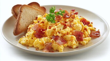 Freshly cooked scrambled eggs with bacon on a white plate garnished with parsley and served with toasted bread slices, perfect for breakfast or brunch