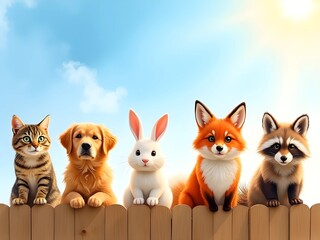 Fototapeta premium Warm illustration of cute cartoon animals gathered on a fence.