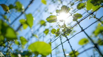 selective focus, close up and low angle shot on sugar or climbing pea leaves and tendrils growing up on a net trellis against the sun in the blue sky