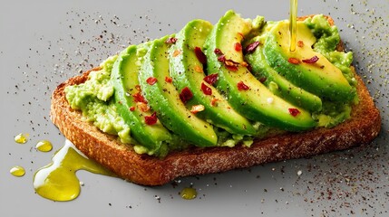Toasted bread slice topped with creamy mashed avocado garnished with red pepper flakes and drizzled olive oil, served as a healthy and nutritious breakfast or snack