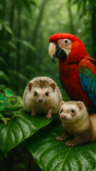 Chameleon macaw hedgehog ferret in rainforest environment