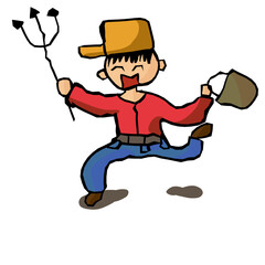Happy Cartoon Boy Character with Pitchfork and Hat