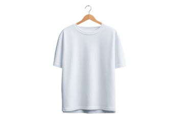 Plain white t-shirt on wooden hanger isolated on black background, cut out