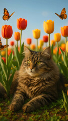 fluffy cat takes a leisurely rest in a lively garden