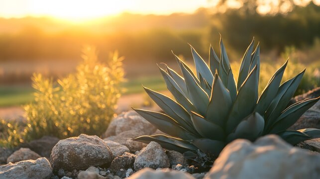 Agave plant in a rock garden at sunrise.