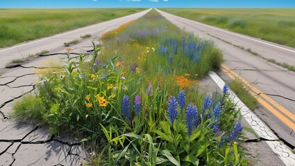 Obraz premium The Road to Renewal: Nature's Reclamation of a Cracked Highway