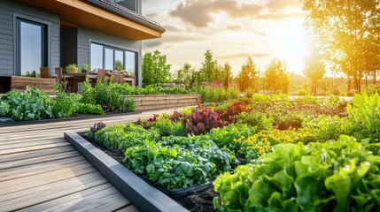 Modern home vegetable garden lush greens and sunlight raised garden beds