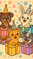 Pets peeking out of colorful gift boxes