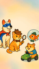 group of cute pets sitting in a colorful environment