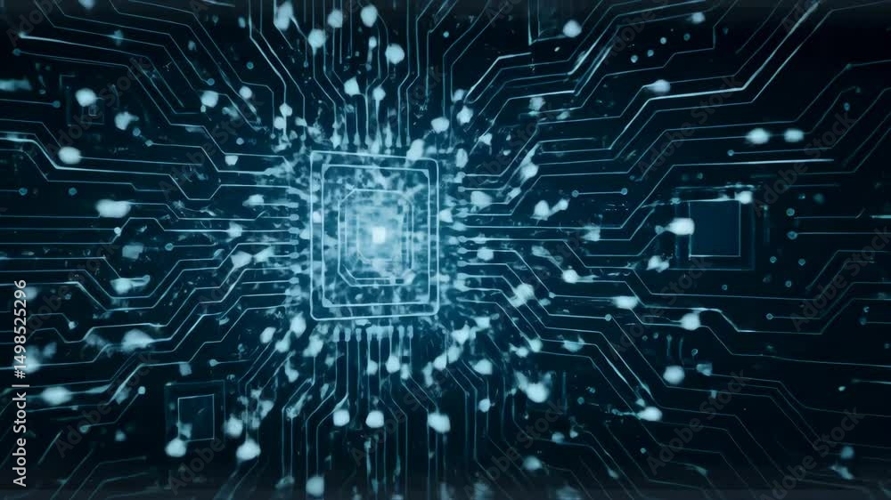 Poster abstract circuit board background with digital particles glowing