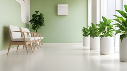 Bright and welcoming hospital waiting room with lush greenery