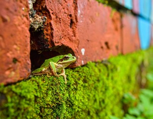 close up photo of a green frog between holes in the wall
